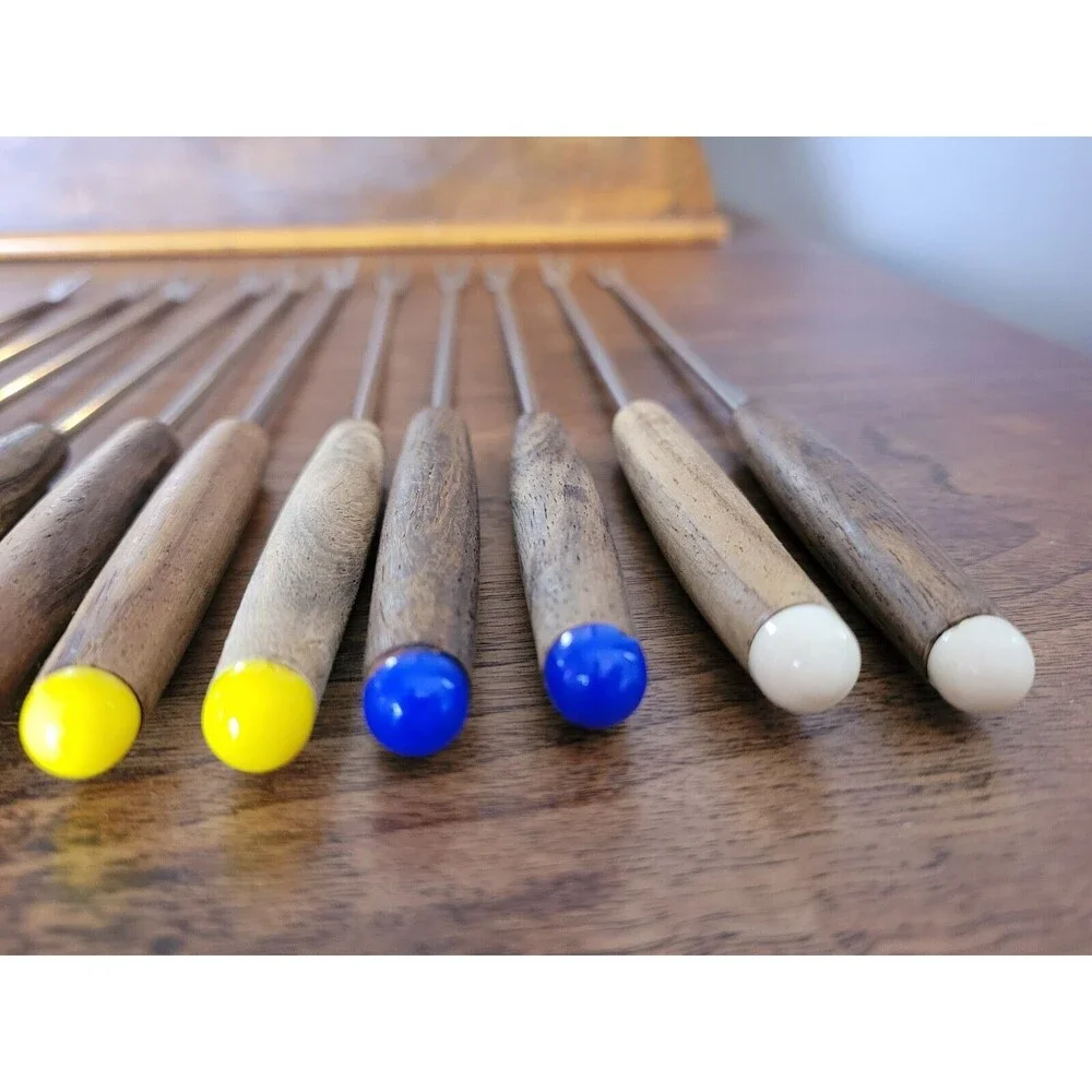Set of 11 Vintage MCM Japan Kabob Stainless Steel Skewers Wood Colored End